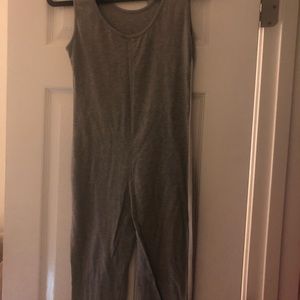Grey jumpsuit with white stripe on the side
